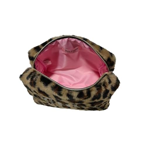 Juicy Couture Brown Makeup Bag Cosmetics Organizer Travel Essentials Zip Top Wedge Leopard Print Faux Fur Rhinestone