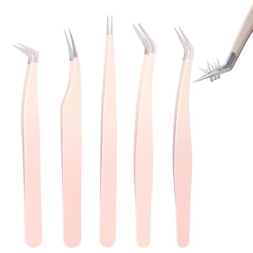 5 Pcs Lash Extension Tweezers, Lash Tweezers for Eyelash Extension, Straight and Curved Eyelash Tweezers, For Professional Eyelash Extension Artists, Girls, Women, Beginners