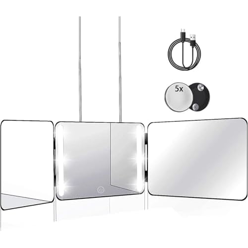 JANMPASK LED 3 Way Mirror Trifold to See Back of Head for Self Hair Cutting Barber Supplies Accessories 360 Makeup Vanity Mirror with Light