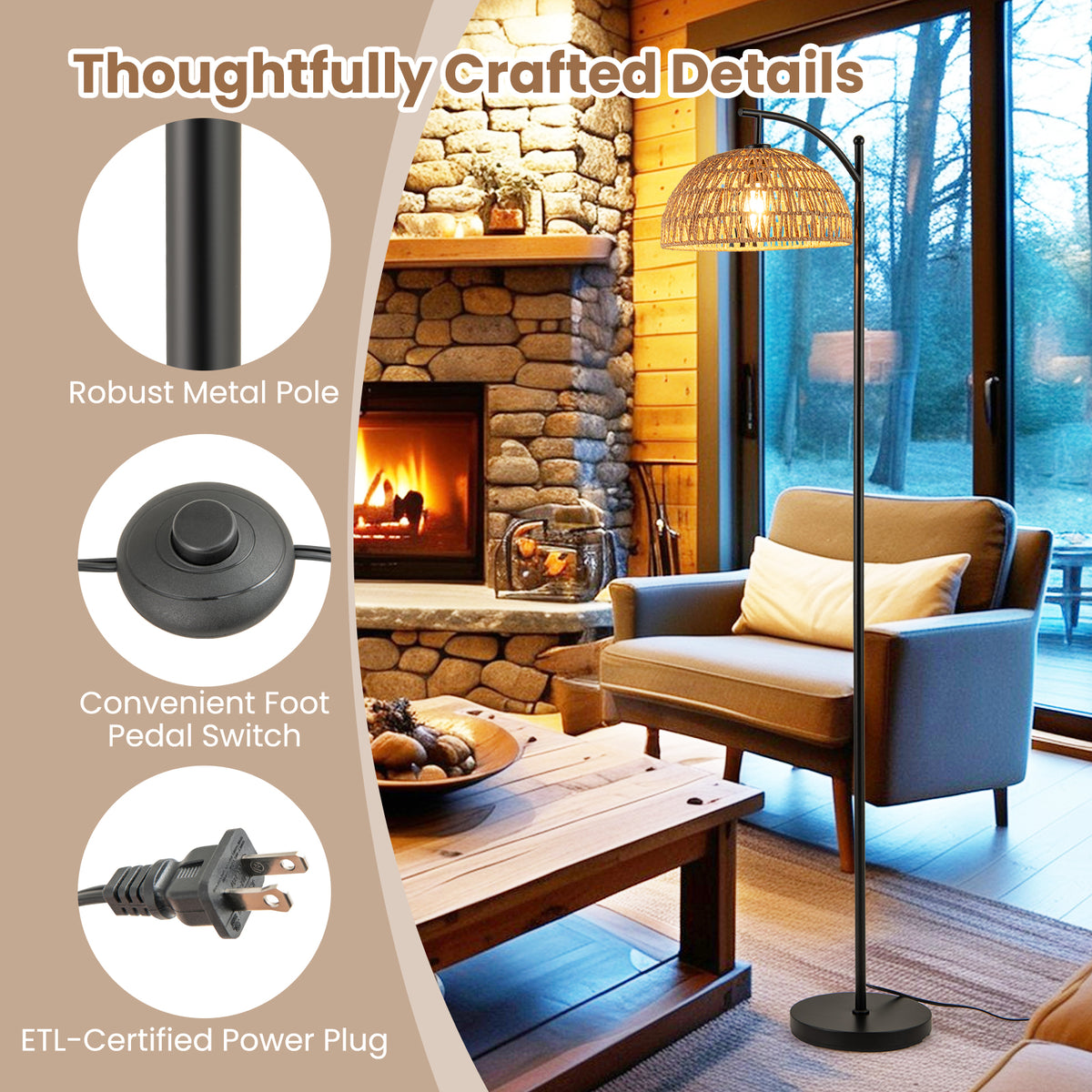 Black Arc Floor Lamp 63 Inches Tall with Hanging Lampshade - Modern Pole Light