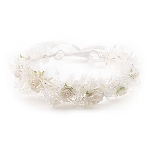 White Flower Girl crown Brides Baby's Breath Headpiece Floral Hair Wreath Hair Accessories Headband for Child(43cm)