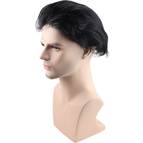 Toupee for Men 100% European Human Hair Swiss Lace Front Natural Hairline Hair Pieces 0.08mm Thin Skin PU V-looped Men's Hair Replacement System 8x10 Inches 1B Off Black Color