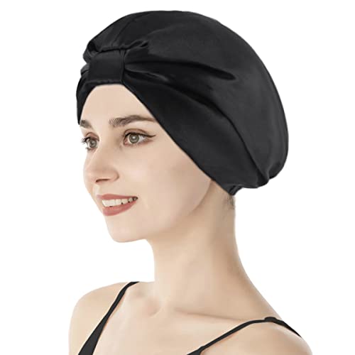 22 Momme 100% Mulberry Silk Hair Wrap for Sleeping, Both Sides Silk Bonnet for Women Hair Care, Black