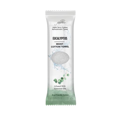 Oshibori Moist Terry Cotton Refreshment Towels (25 Pack, 8 x 8 Inches) - White Scented Pre-moistened Towel to Use Hot or Cold (Eucalyptus)