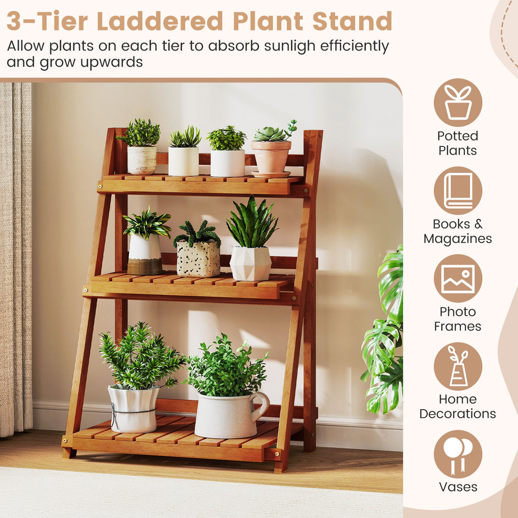 Foldable 3-Tier Solid Wood Plant Stand for Patio Balcony