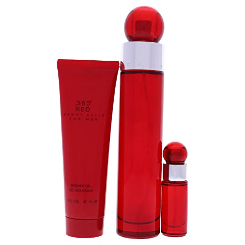 Perry Ellis 360 Red Men 3.4oz EDT Spray, 7.5ml EDT Mini Spray, 3oz Shower Gel 3 Pc Gift Set