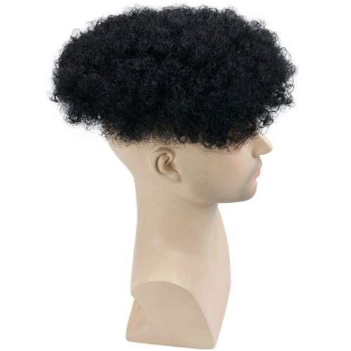 Afro Men's Toupee for African American Men Hairpiece 100% Human Hair 10x8inch Replacement Wig #1 Jet Black Color (All Swiss Lace Base, 1 Jet Black Color)