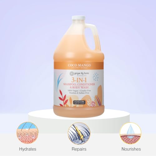 Ginger Lily Farms Botanicals 3-in-1 Shampoo, Conditioner & Body Wash, Coco Mango, 100% Vegan & Cruelty-Free, Coconut Mango Scent, 1 Gallon (128 fl oz) Refill