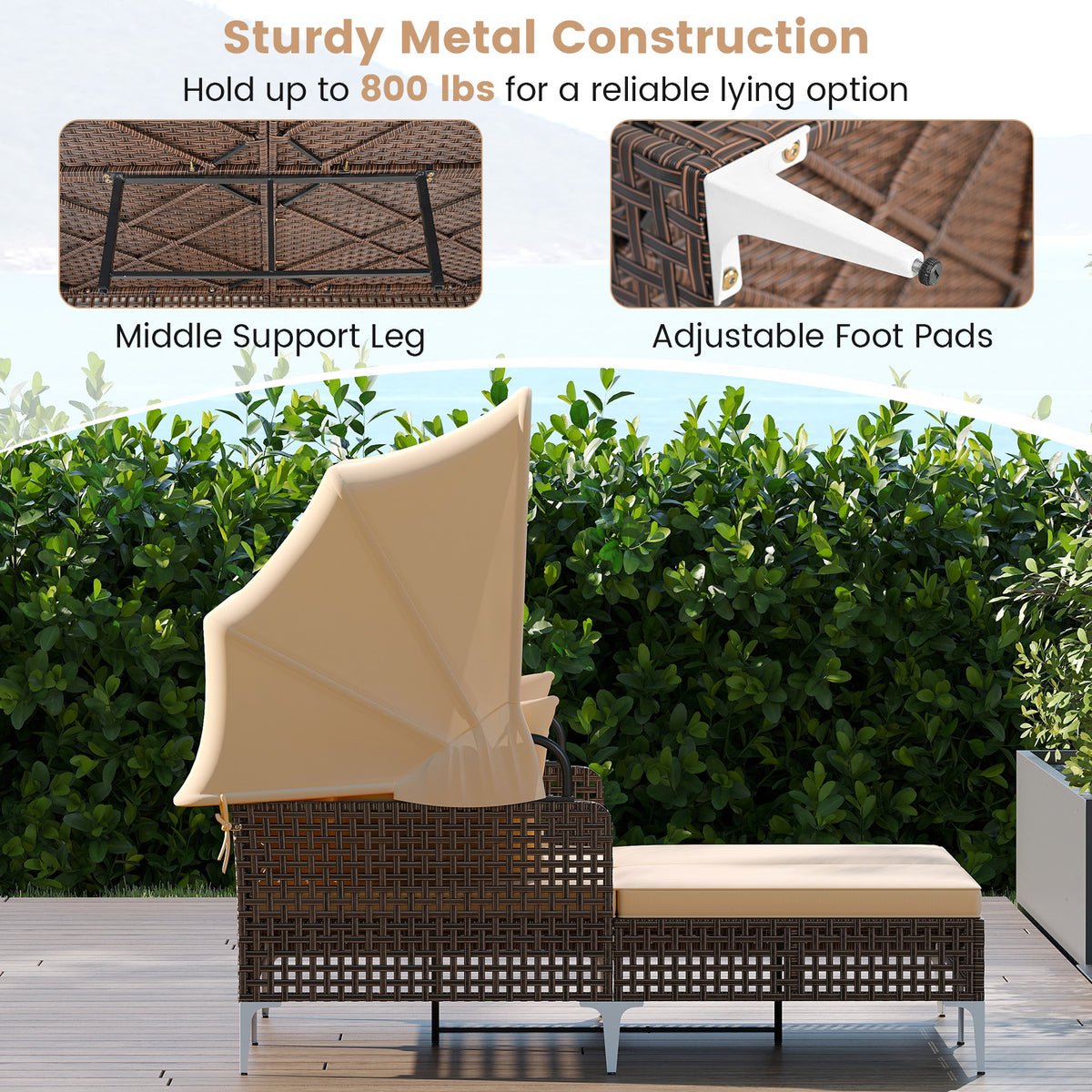 Outdoor Daybed with Retractable Canopy, PE Rattan - Brown