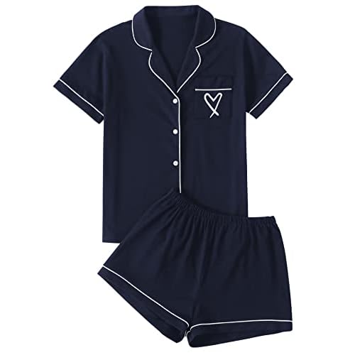 LYANER Women's Pajamas Set Heart Print Button Short Sleeve Shirt with Shorts Sleepwear PJs Set