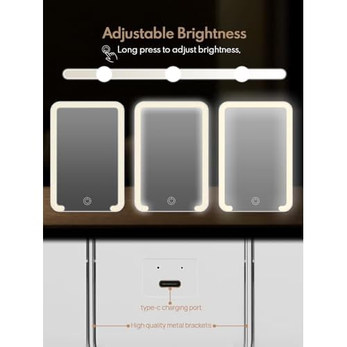 Qislee Travel Makeup Mirror with Lights, 3 Color Modes, 8 x 5 inches Desk Mirror with Foldable Stand, Touch Dimming, Perfect Travel Accessory, White
