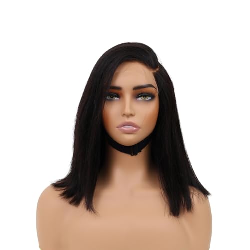 12 inch 5x5 Lace Closure Yaki Side Part Vietnamese Human Hair Wig, Pre-Bleached Pre Plucked HD Lace Wig 180% Density, Pre Cut Lace Wig Short Black Blunt Cut Bob Wigs