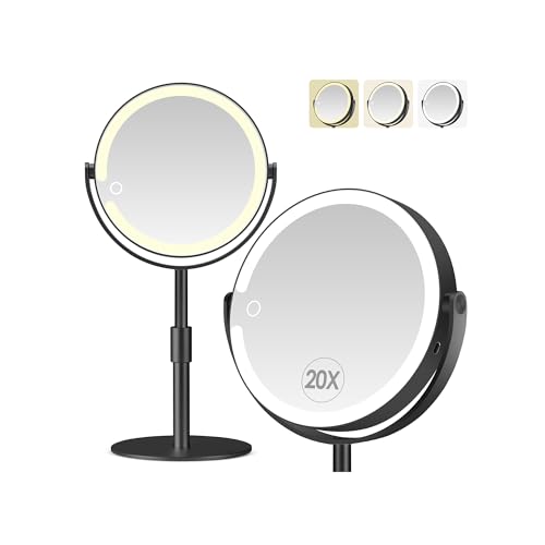 Led Makeup Mirror with Lights, 20X Magnifying Mirror, Rechargeable Magnified Makeup Mirror with 360¡ÆRotation & Height Adjustable, Detachable Vanity Mirror(Black)