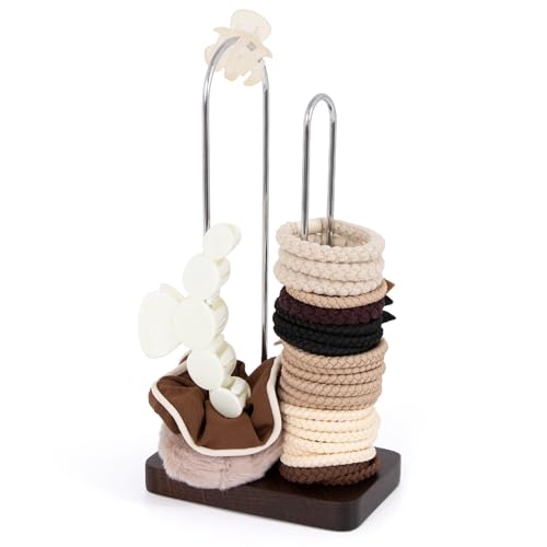 Scrunchine Holder Stand, 2 Tier Hair Tie Tower Hold 50~70 Scrunchies,Claw Clip Holder, Modern Fashion Hair Ties Organizer Storage for Girls, Women, Display(Walnut Color)