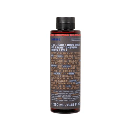 KORRES Athenian Grooming 2-in-1 Men¡¯s Shampoo & Shower Gel, Moisturising & Detangling Formula, Achillea Millefolium & Marjoram Extracts, Bergamot & Leather Scent, Silicone & Paraben Free, 8.45 Fl Oz