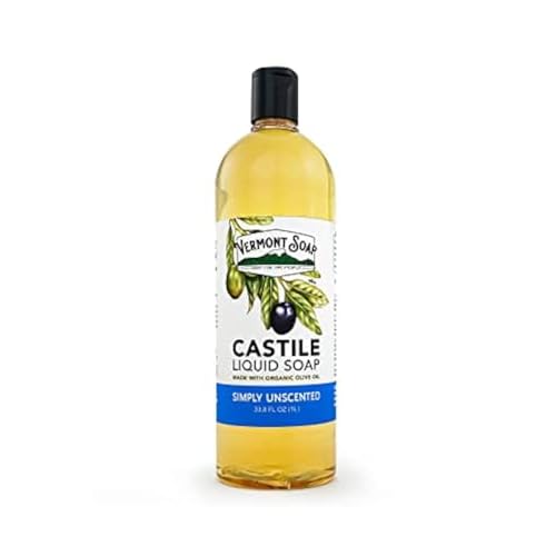Vermont Castile Unscented Gentle Liquid Soap for Sensitive Skin, Natural Body Wash, Organic Hair Shampoo for Oily Hair, Aloe for Men & Women - 33.8 Oz