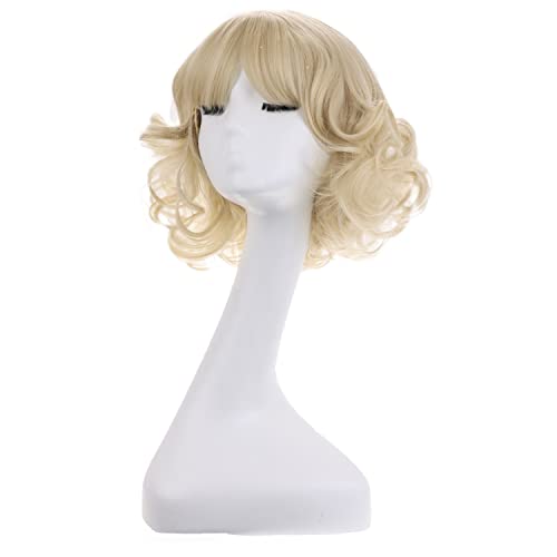 MAGQOO Light Blonde Wig with Bangs Women Girls Short Curly Wavy Light Blonde Hair Wigs Halloween Cosplay Costume Party Wig(12", Light Blonde)