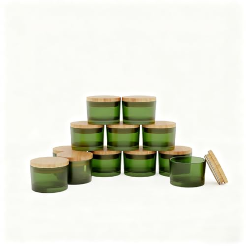 12 Pack 4 OZ Glass Candle Jars with Bamboo Lids ? Bulk Empty Candle Containers for Making Candles, DIY Craft & Storage ? Heat-Resistant Thick Glass(Green)