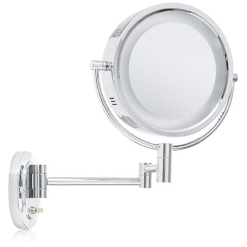 JERDON Wall-Mounted Makeup Mirror with 5X Magnification - Chrome Makeup Mirror with LED Lights - Plug in - HL65C