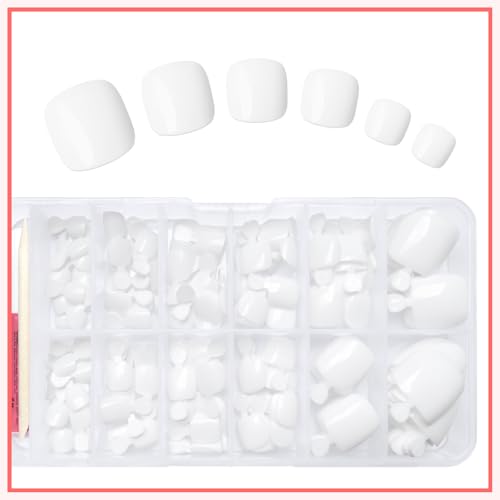 LuckForever 168pc Press on Toenails Women Fake Toe Nails with Glue Tabs, White Fake Toenails Press on Nails Short Square Acrylic Toe Nail Tips Glue on Toenails False Artificial Toe Nails Press ons