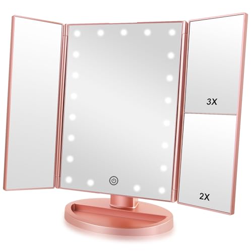 Trifold Makeup Mirror Vanity Mirror with Lights,1X 2X 3X Magnification,Touch Screen,180 Adjustable Rotation,Portable Travel Bathroom Cosmetic Mirror
