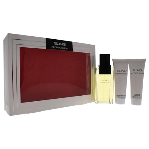 ALFRED SUNG Sung for Women - 3 Pc Gift Set 3.4oz EDT Spray, 2.5oz Essential Body Lotion, 2.5oz Refreshing Shower Gel.