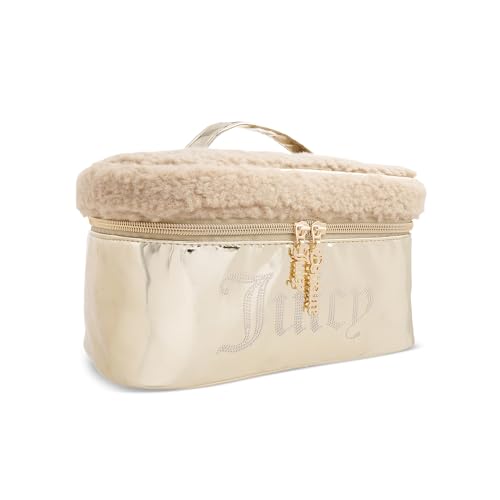 Juicy Couture Gold Makeup Bag Cosmetics Organizer Travel Essentials Train Case Shiny Rhinestones Faux Shearling