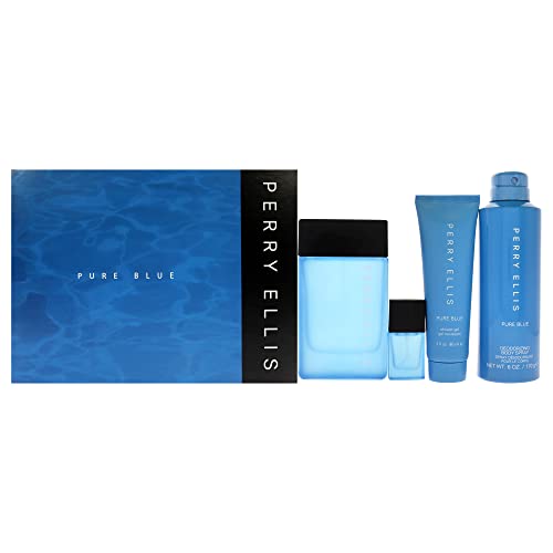 Perry Ellis Perry Ellis Pure Blue 3.4oz EDT Spray, 3oz Shower Gel, 6oz Deodorant Body Spray, 7.5ml Travel EDT Spray Men 4 Pc Gift Set