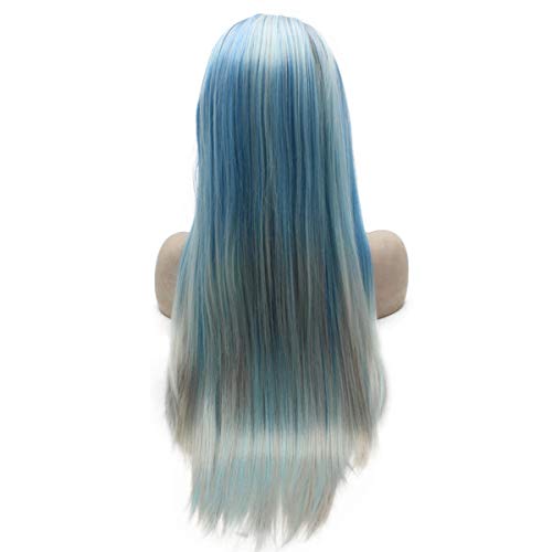 Peakia Long Straight Black Blue Gray Ombre Half Hand Tied Synthetic Lace Front Wig
