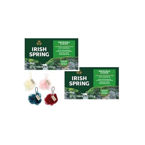2-Pack Deodorant Irish Bar Soap, Mild for skin, 12 hours small fresh, Spring Soap for Washing Face,Body,Hand, 4oz each (total 8 oz) + 1 Shower Sponge for Irish Spring Bar soap.