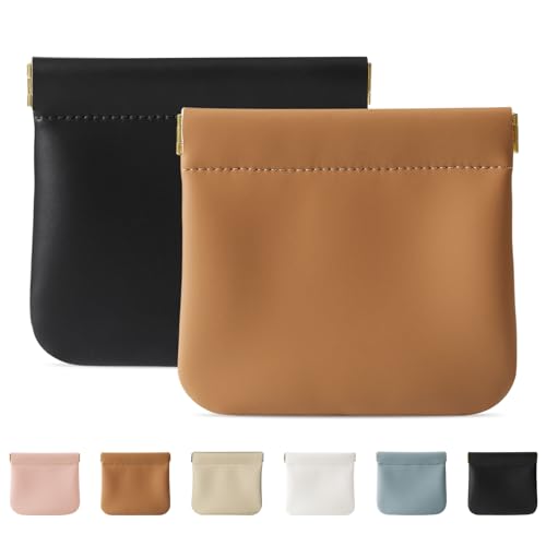 2 Pcs Small Makeup Bag for Purse, Upgrade Organosilicone Mini Makeup Pouch for Women with Snap Closure Clamp, Portable Small Cosmetic Bag Travel Storage Pouch for Coin Lipstick (Black + Brown)