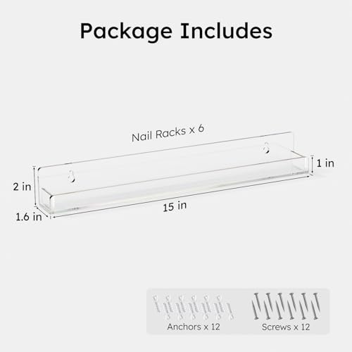 FEMELI Nail Polish Wall Rack: 6 Shelves 15 Inch Clear Acrylic Nail Polish Organizer for 66-90 Bottles Multi-Purpose Acrylic Floating Shelves (15 Inch, Clear)