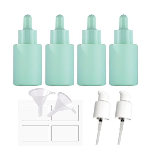 4 Pack 1oz Glass Dropper Bottle,Green Glass Dropper Bottles with 2 Funnels & 2 Lotion Pumps,30 ml Eye Dropper Bottles For Essential Oils,Serums,Lotion,Tincture Bottles (C -Green)