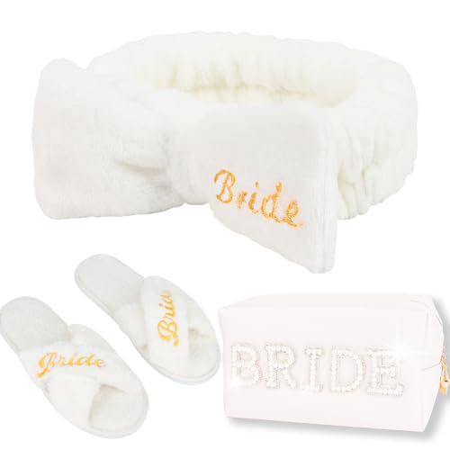 CIEHER Bride To Be Gift Set - Spa Headband & Slippers, Makeup Bag