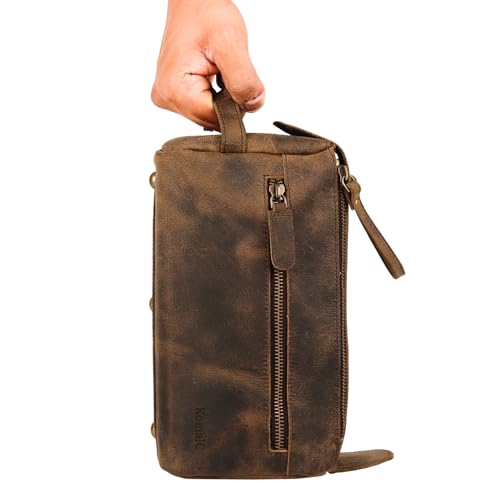 KomalC Premium Buffalo Leather Toiletry Bag for Men & Women ? Leather Dopp Kit With Water resistant Lining, Premium Toiletry Travel Pouch, Unisex Wash Bag for Toiletries, Gifts for Men and Women
