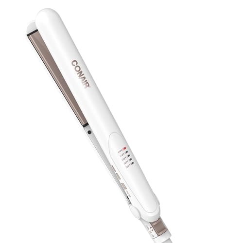 Conair Double Ceramic Flat Iron, 1-Inch Flat Iron Hair Straightener, Five Heat Settings, Extra Long Floating Plates, White