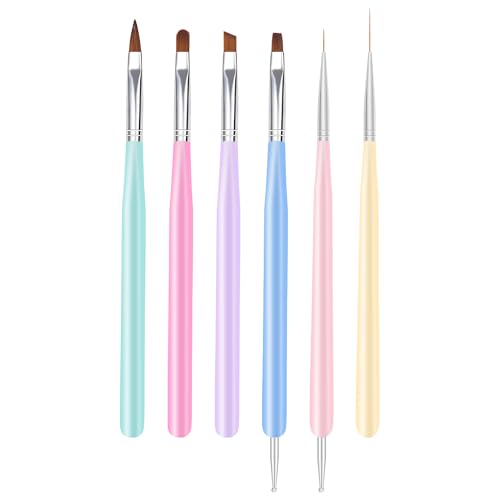 Nail Art Brushes, 6Pcs Nail Art Painting Tools with Nail Art Fine Liner Brush, Nail Design Painting Brushes Set, Builder Gel Brush, Nail Dotting Pen for Gel Polish Manicure Salon DIY, Multicolor