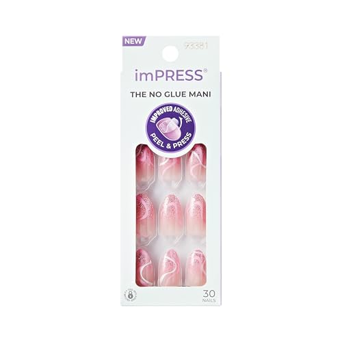 KISS imPRESS No Glue Mani Press On Nails, Design, 'Wild Venus', Pink, Medium Size, Almond Shape, Includes 30 Nails, Prep Pad, Instructions Sheet, 1 Manicure Stick, 1 Mini File