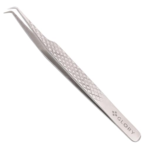 Glory 90 Degree Angle Lash Tweezers for Eyelash Extensions ? Precision Fiber Tip Diamond Grip Stainless Steel Lash Tool for Mega Volume Classic & Professional Lash Tech Supplies