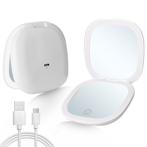 Compact LED Travel Makeup Mirror, Rechargeable Double Sided 1X/10X Magnifying Mirror, 3 Color Lighting, Dimmable Touch Screen, Foldable Lighting Mirror with USB Data Cable White