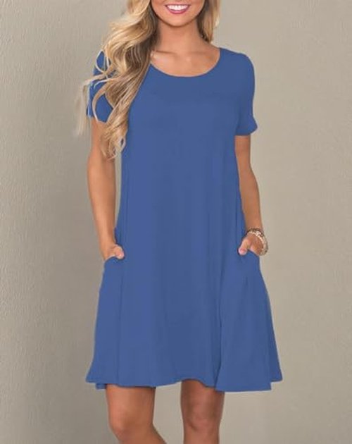 WNEEDU Women's Summer Casual T Shirt Dresses Short Sleeve Swing Dress with Pockets (2XL, Beja Blue)