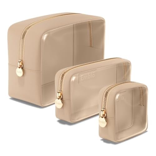 Clear Cosmetic Bags Set of 3, Mini Small Large Makeup Bags For Women Clear Pouch Cosmetics Cases Zipper Cute Pouches Make Up Travel Toiletry Essentials Preppy Purse Organizer Makeup Cases, Sand