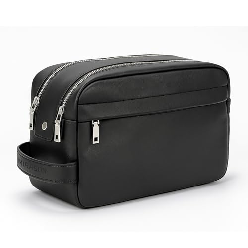 MIRASON Travel Toiletry Bag for Men Leather Travel Bag for Toiletries, Dopp Kit Water-resistant Shower Bag for Shaving Bathroom Organizer Gifts for Men, Black
