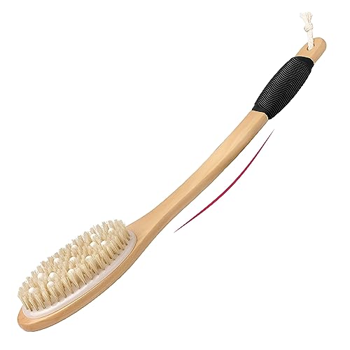 OWIIZI Bath Brush with Cellulite Massagers, Wooden Curved Long Handle Antiskid Dry Brushing Body Brush for Exfoliating, Natural Bristle Back Scrubber for Shower Use Wet or Dry for Men Women Elders