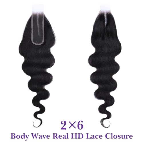 2x6 HD Lace Closure Body Wave 16 Inch, SKINLIKE 0.095mm Ultra-thin Invisible Real Swiss Lace Closure Only,RAW Virgin Human Hair Single Knot Pre-Plucked with Baby Hair