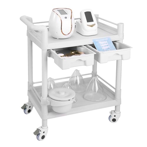 2 Tier Esthetician Cart, Rolling Utility Cart with Bucket & 2 Big Drawers, Heavy Duty Salon Trolley with 360 Rotate Silent Wheels, Load 330lbs Mobile Medical for Salon Hospital Office Lab