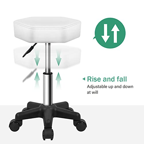 FURWOO Hexagon Rolling Stool Height Adjustable Stool with Wheels for Spa Salon Massage White