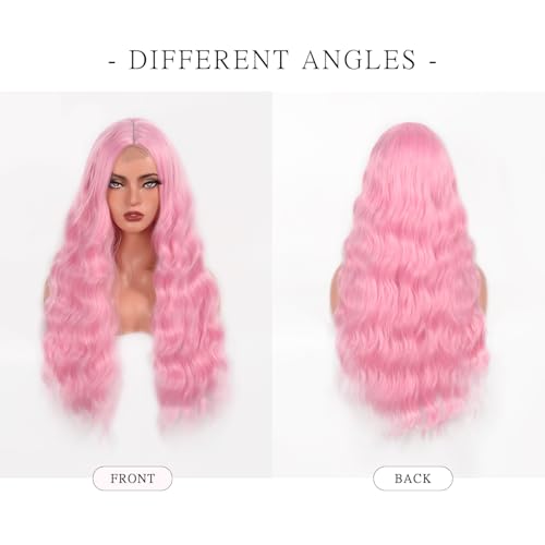 Long Wavy Pink Wig for Women 28 Inch Middle Parted Dream Pink Curly Wig Natural Looking Heat Resistant Fiber Synthetic Wig for Daily Party Halloween Cosplay Use