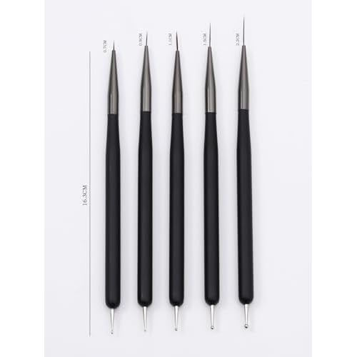 Nail Art Brushes, 5Pcs Nail Art Liner Brushes, Dotting Pen Tools, Painting Art Design Brush Set for Long Lines, Thin Details, Fine Drawing Sizes 7/9/11/15/22mm, Black