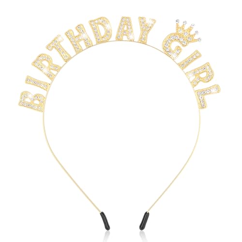 Wecoe Gold Birthday Girl Headband - Sparkling Rhinestone Tiara Crown Hair Accessories for Women Girls - Happy Birthday Party Decorations, Princess Birthday Gift Idea